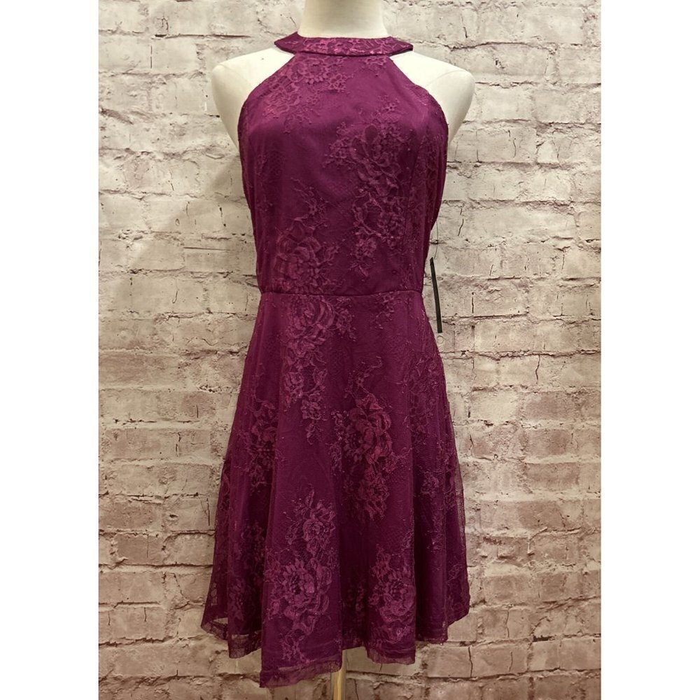 Lulu's Magenta Purple Lace Fit & Flare Mini Dress Sleeveless Halter Size S NEW